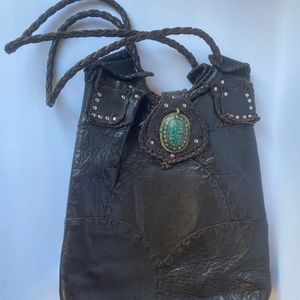 Brown Leather Hobo Bag with Turquoise Closure